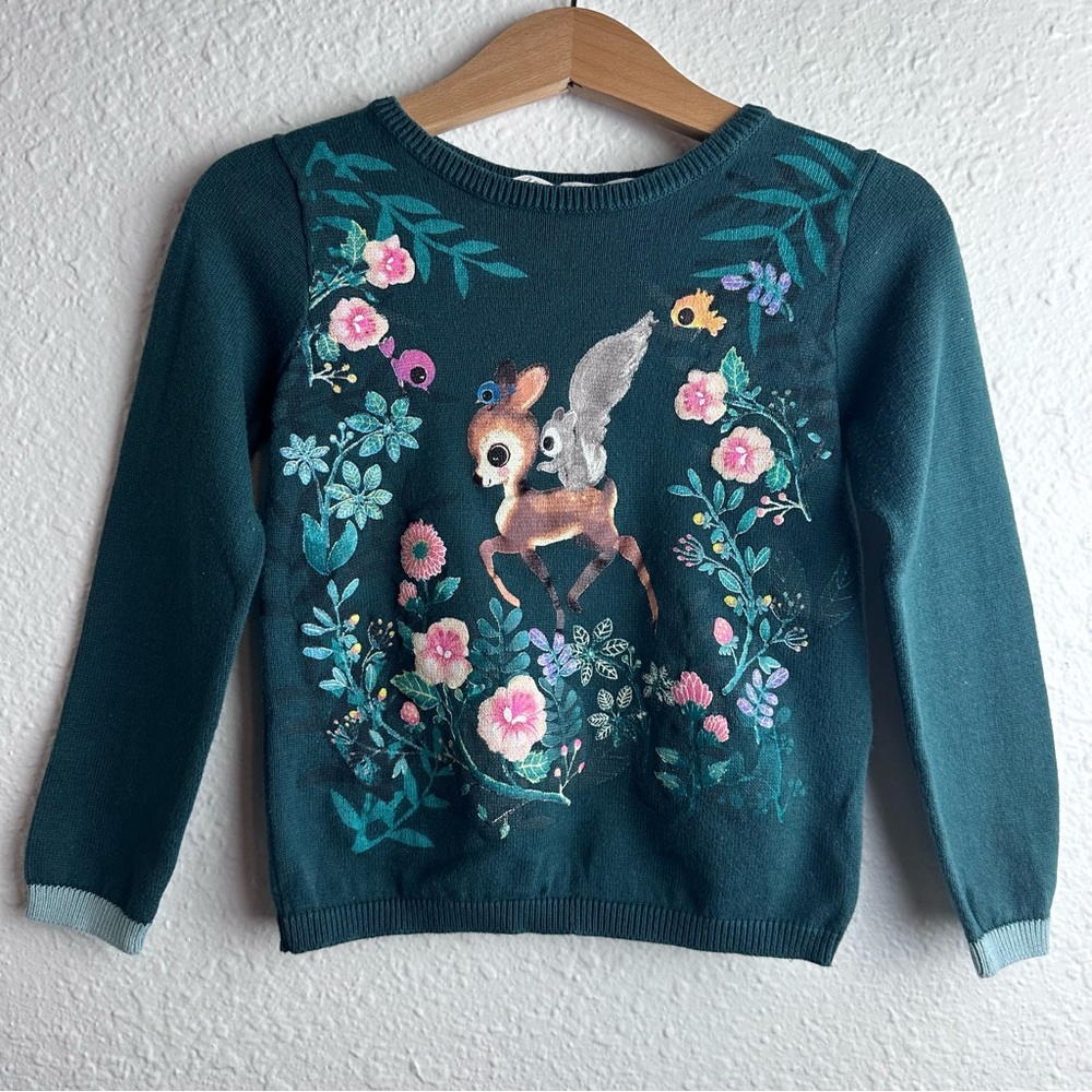 H&M Teal Floral Sweater with Deer and Squirrel Design